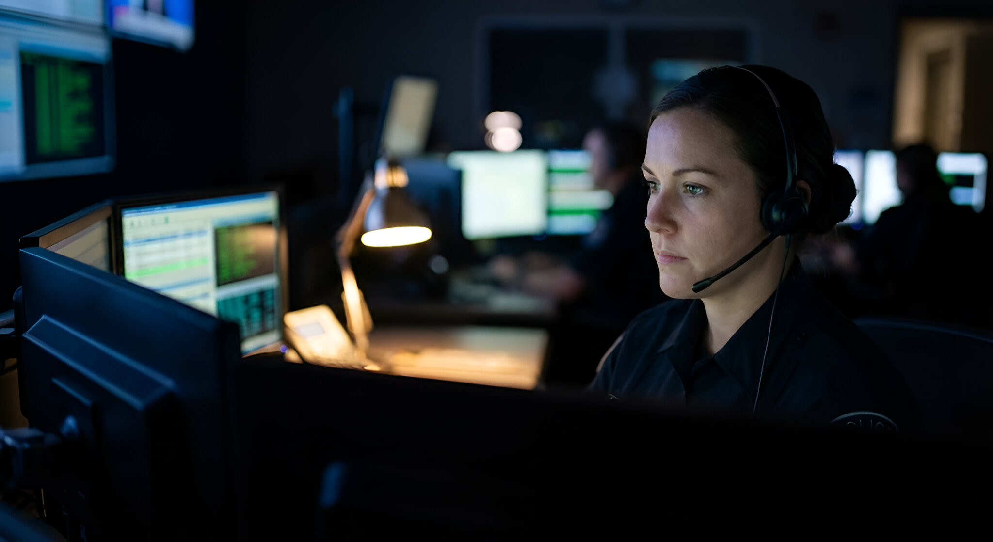 911 dispatcher wearing a headset while working in a dispatch center
